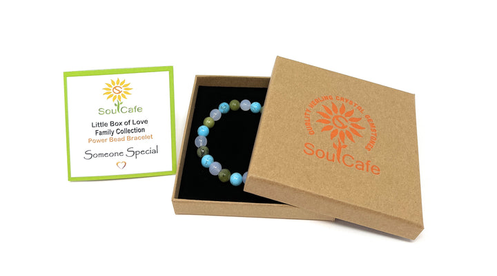 Gift for Partner Bracelet - Crystal Gemstone Stretch Bead Bracelet - Soul Cafe Gift Box & Tag - Jade, Turquoise, Chalcedony