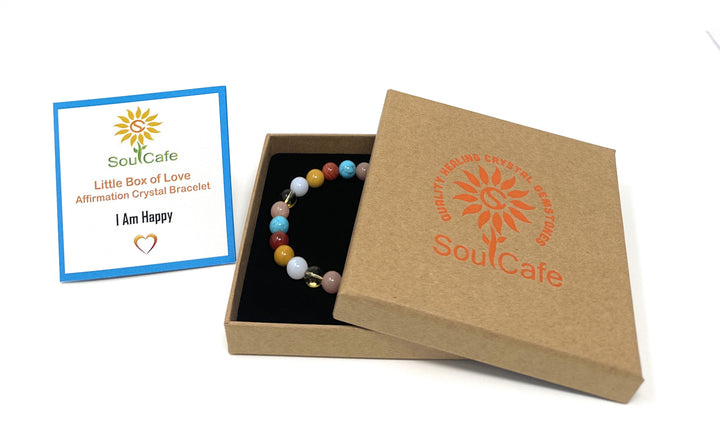 I Am Happy - Affirmation Crystal Gemstone Bead Bracelet - Law of Attraction Crystals - SoulCafe Gift Box and Tag -  S/M/L/XL