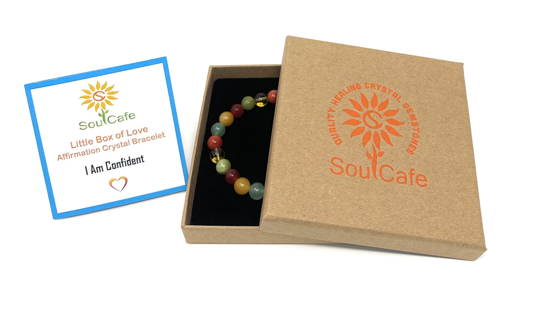 I Am Confident - Affirmation Crystal Gemstone Bead Bracelet - Law of Attraction Crystals - SoulCafe Gift Box and Tag -  S/M/L/XL
