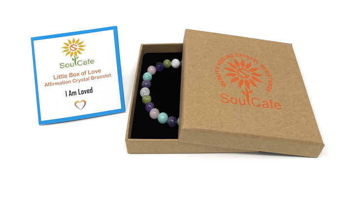 I Am Loved - Affirmation Crystal Gemstone Bead Bracelet - Law of Attraction Crystals - SoulCafe Gift Box and Tag -  S/M/L/XL