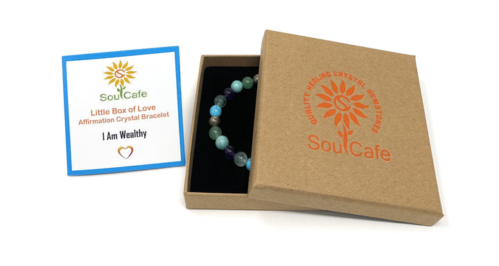 I Am Wealthy - Affirmation Crystal Gemstone Bead Bracelet - Law of Attraction Crystals - SoulCafe Gift Box and Tag -  S/M/L/XL