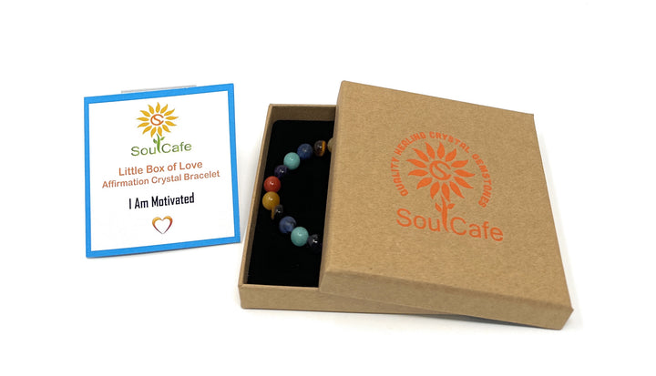 I Am Motivated - Affirmation Crystal Gemstone Bead Bracelet - Law of Attraction Crystals - SoulCafe Gift Box and Tag -  S/M/L/XL