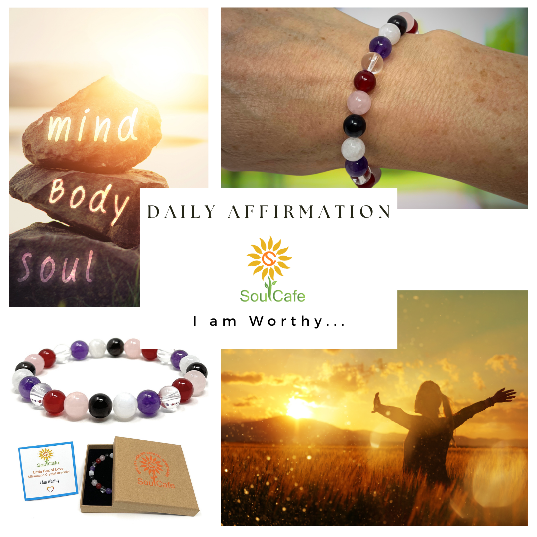 I Am Worthy - Affirmation Crystal Gemstone Bead Bracelet - Law of Attraction Crystals - SoulCafe Gift Box and Tag -  S/M/L/XL