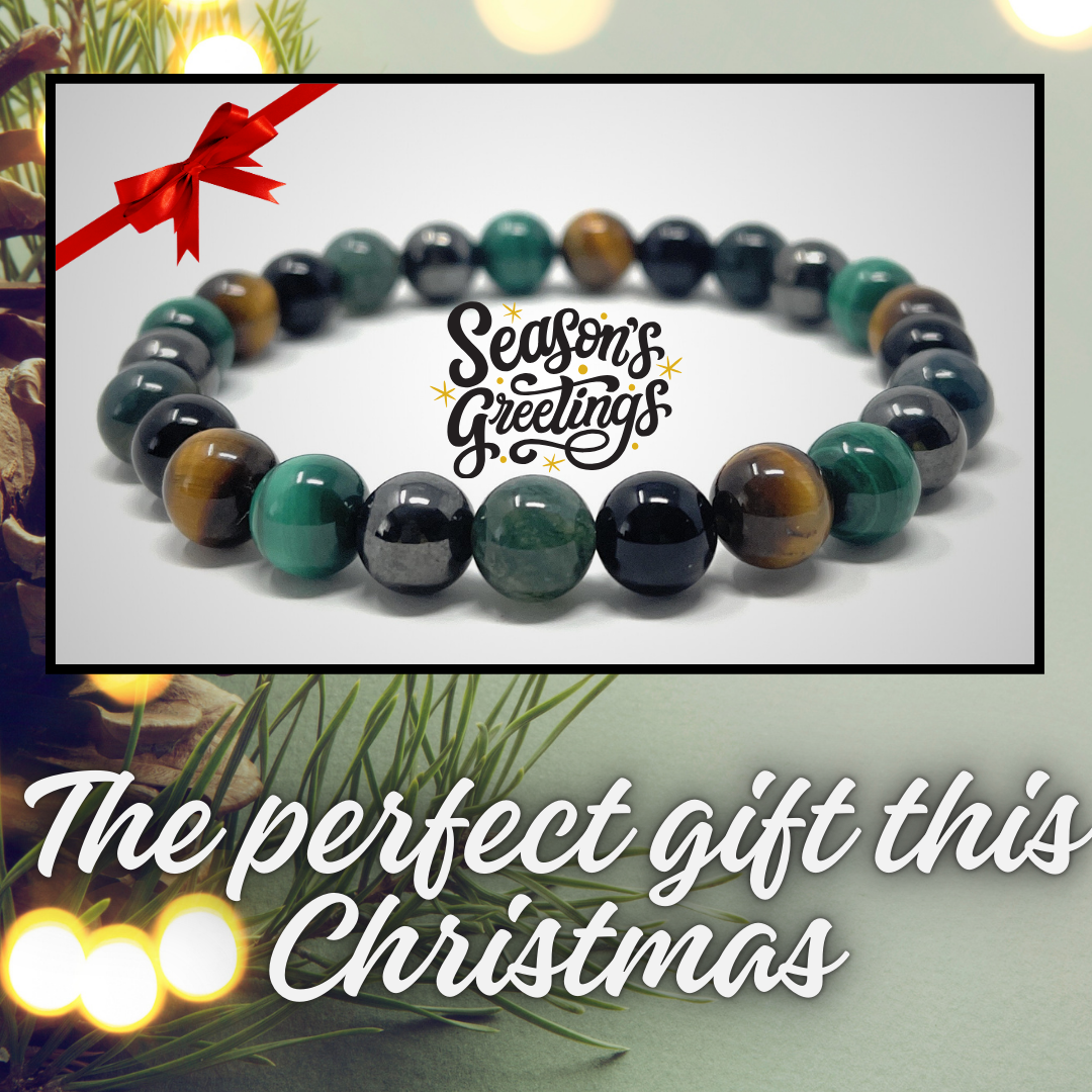 Men's Power Bead Bracelet - Malachite, Moss Agate, Hematite, Black Tourmaline, Tigers Eye - Soul Cafe Gift Box & Tag