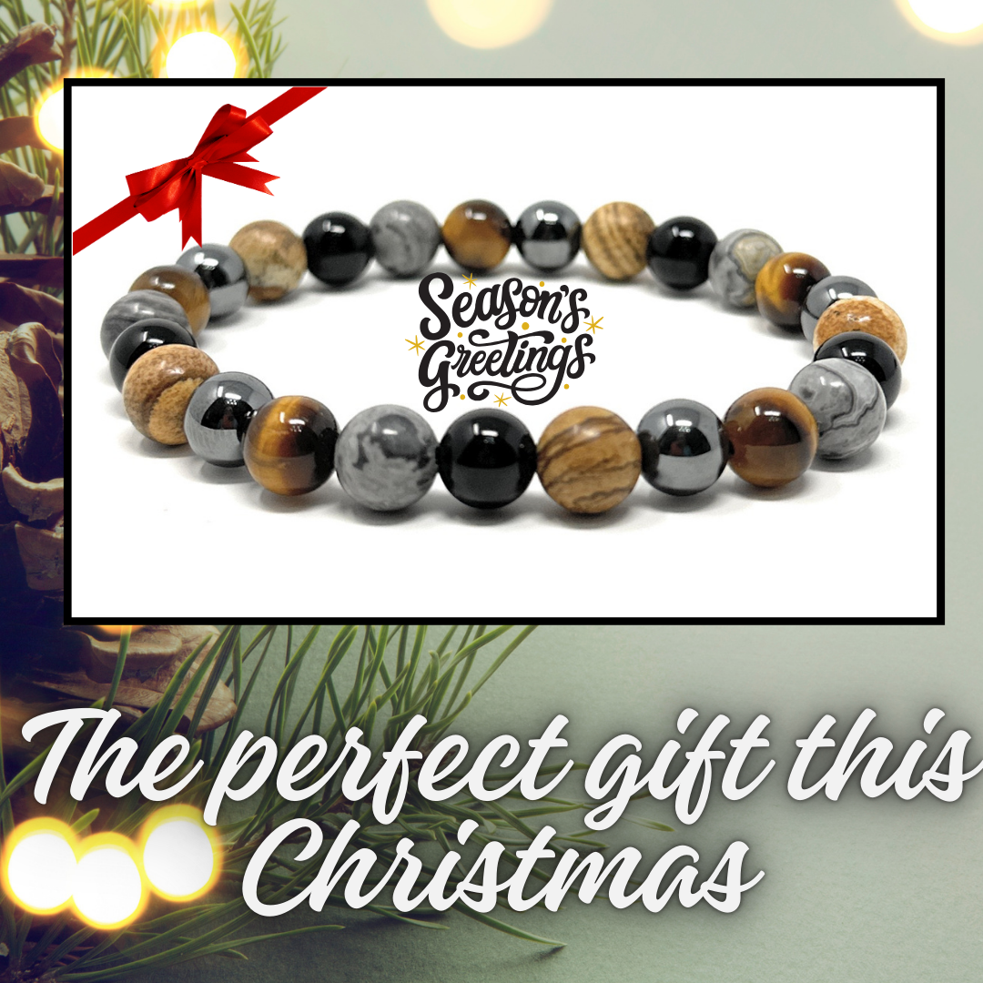 Men's Crystal Gemstone Bead Bracelet - Grey Crazy Lace Agate, Tigers Eye, Picture Jasper, Hematite, Black Tourmaline - Gift Box & Tag - S/M/L/XL