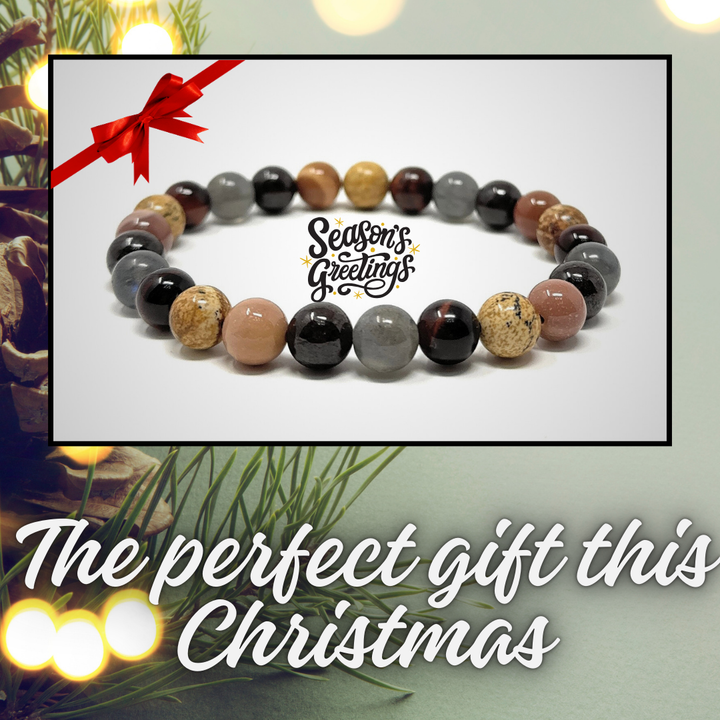 Men's Stretch Power Bead Bracelet - Red Tigers Eye, Moonstone, Garnet, Picture Jasper, Mookaite Gift Box & Tag