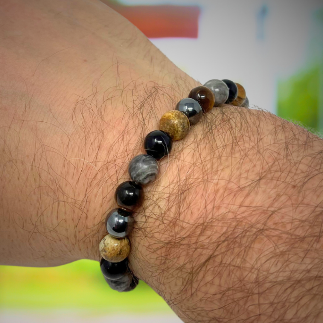 Men's Crystal Gemstone Bead Bracelet - Grey Crazy Lace Agate, Tigers Eye, Picture Jasper, Hematite, Black Tourmaline - Gift Box & Tag - S/M/L/XL