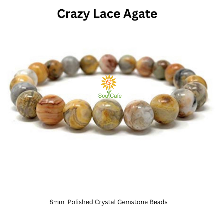Crazy Lace Agate Crystal Gemstone Stretch Bead Bracelet - Soul Cafe Gift Box & Tag