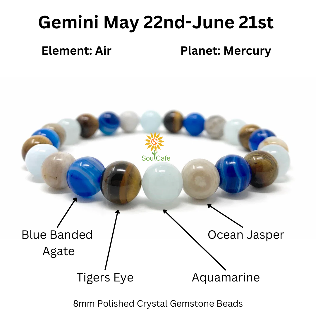 Gemini Crystal Gemstone Stretch Zodiac Bracelet- Soul Cafe Gift Box and Gemini Tag