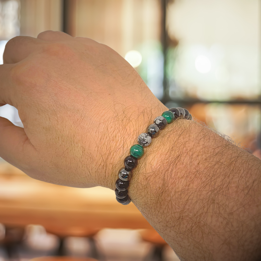 Men s Crystal Power Bead Bracelet Black Tourmaline Malachite Amazonite Hematite Snowflake Obsidian Soul Cafe Gift Box Tag