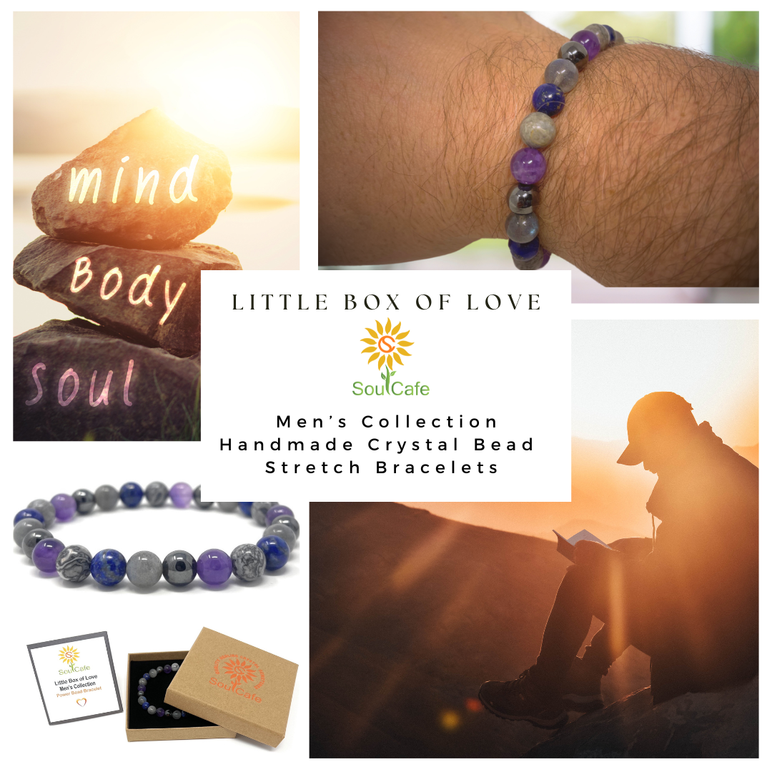 Men s Power Bead Bracelet Amethyst Labradorite Lapis Lazuli Magnetic Hematite Grey Crazy Agate Soul Cafe Gift Box Tag