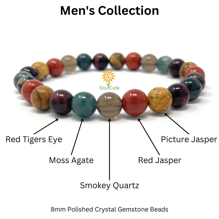 Men's Power Bead Bracelet - Moss Agate, Picture Jasper, Smoky Quartz, Red Jasper, Red Tigers Eye - Soul Cafe Gift Box & Tag