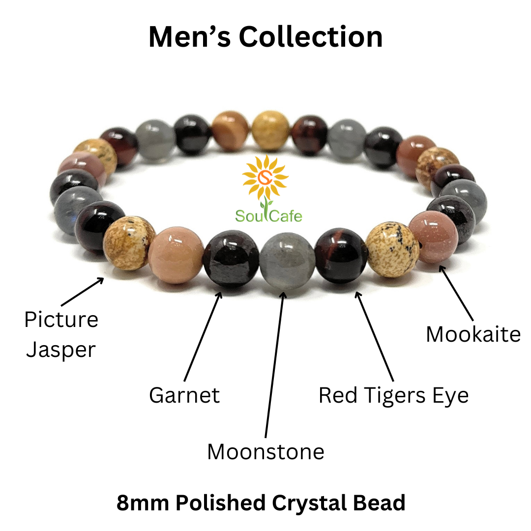 Men's Stretch Power Bead Bracelet - Red Tigers Eye, Moonstone, Garnet, Picture Jasper, Mookaite Gift Box & Tag