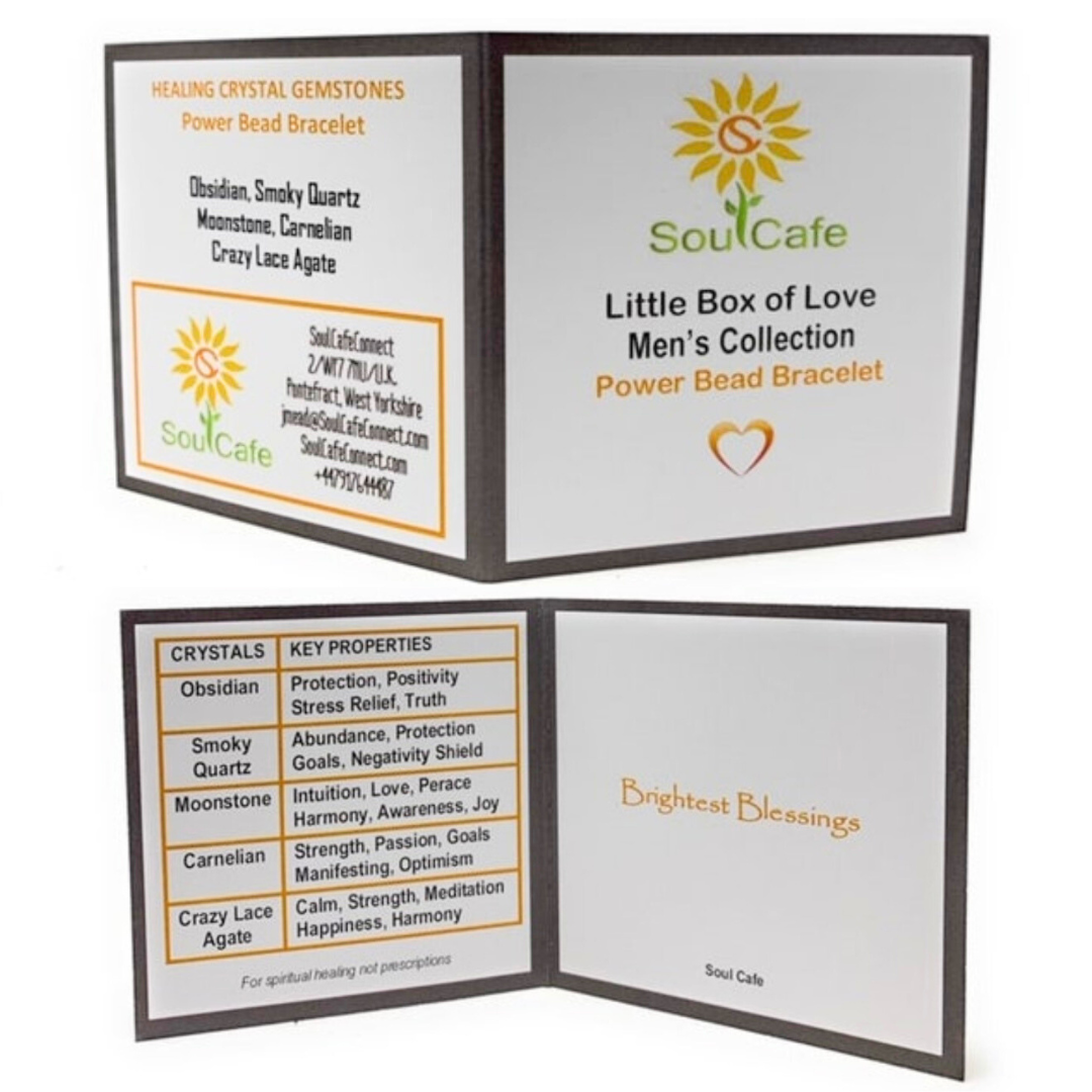 Men's Crystal Bead Bracelet - Stretch Healing Gemstone Bracelet - Soul Cafe Gift Box and crystal infomation card