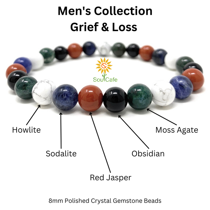 Men's Grief and Loss Crystal Gemstone Stretch Bead Bracelet - SoulCafe Gift Box & Tag