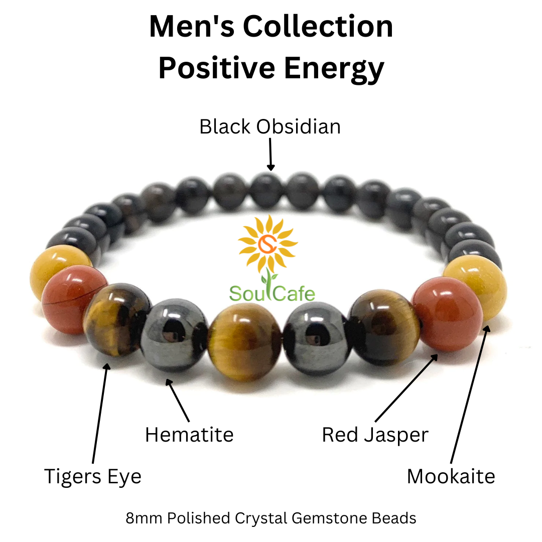 Men's Positive Energy Power Bead Bracelet - Rainbow Obsidian - Tigers Eye - Red Jasper - Mookaite - Hematite - Soul Cafe Gift Box & Tag