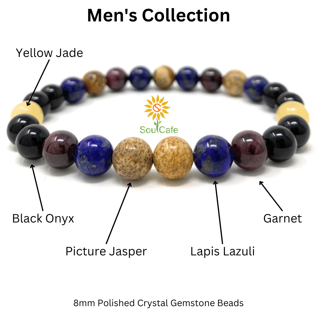 Men's Power Bead Bracelet - Lapis Lazuli, Garnet, Yellow Jade, Picture Jasper, Black Onyx- Soul Cafe Gift Box & Tag