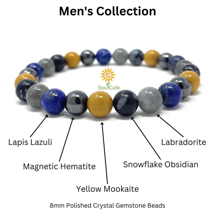Men's Power Bead Bracelet - Labradorite, Lapis Lazuli, Yellow Jasper, Snowflake Obsidian, Hematite - Soul Cafe Gift Box & Tag