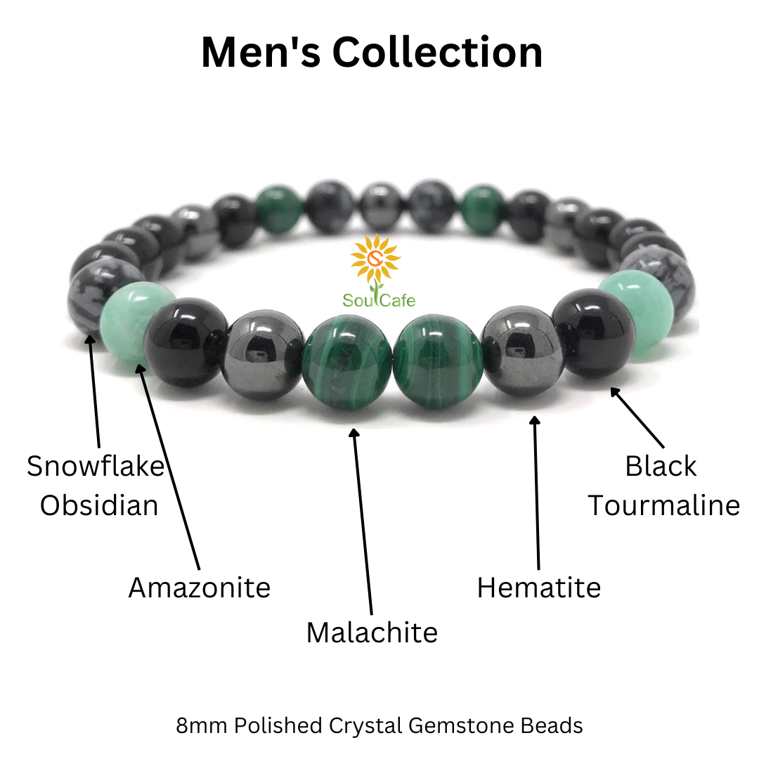 Men s Crystal Power Bead Bracelet Black Tourmaline Malachite