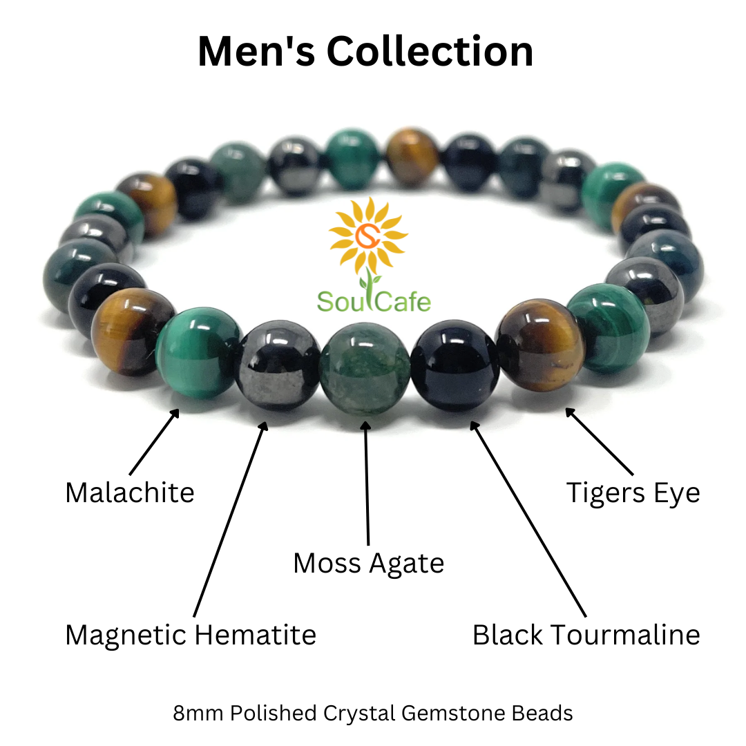 Men's Power Bead Bracelet - Malachite, Moss Agate, Hematite, Black Tourmaline, Tigers Eye - Soul Cafe Gift Box & Tag