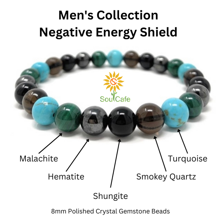 Men's Negative Energy Shield Crystal Gemstone Bead Bracelet - Soul Cafe Gift Box & Tag