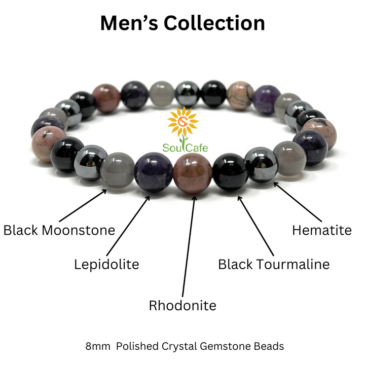 Men's Crystal Gemstone Bead Bracelet - Rhodonite, Lepidolite, Black Moonstone, Hematite, Black Tourmaline - Gift Box & Tag - S/M/L/XL