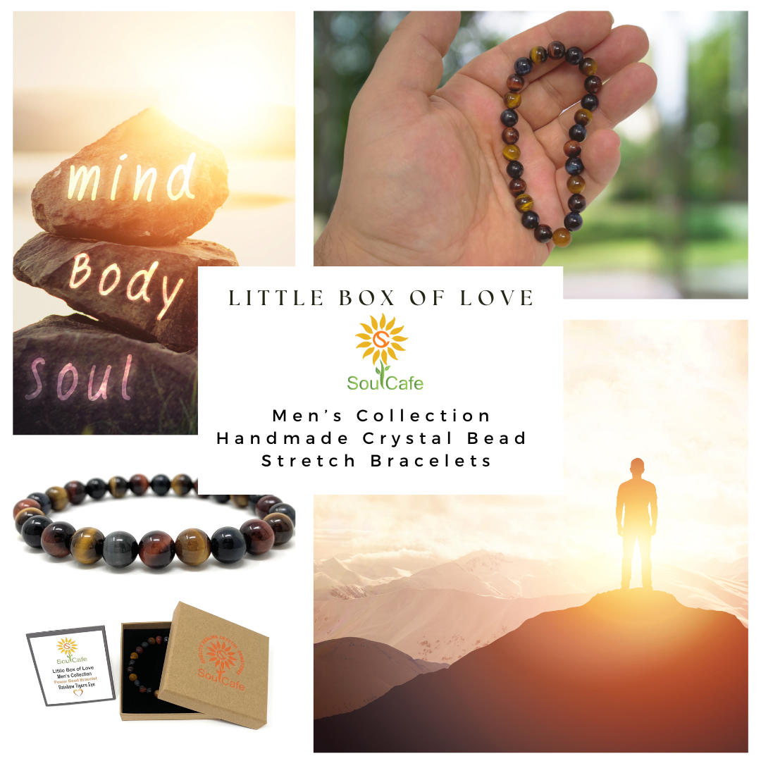 Men s Rainbow Tigers Eye Crystal Gemstone Power Bead Stretch Bracelet Soul Cafe Gift Box Crystal Meaning Card