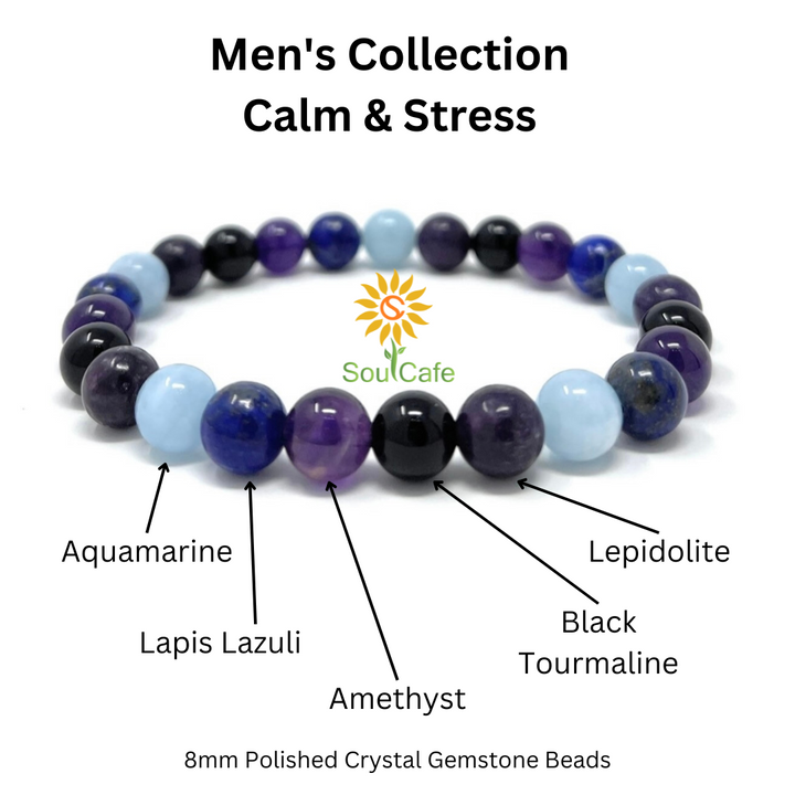 Men's Calm and Stress Holistic Support Crystal Gemstone Bead Bracelet - Soul Cafe Gift Box & Crystal infomation Card