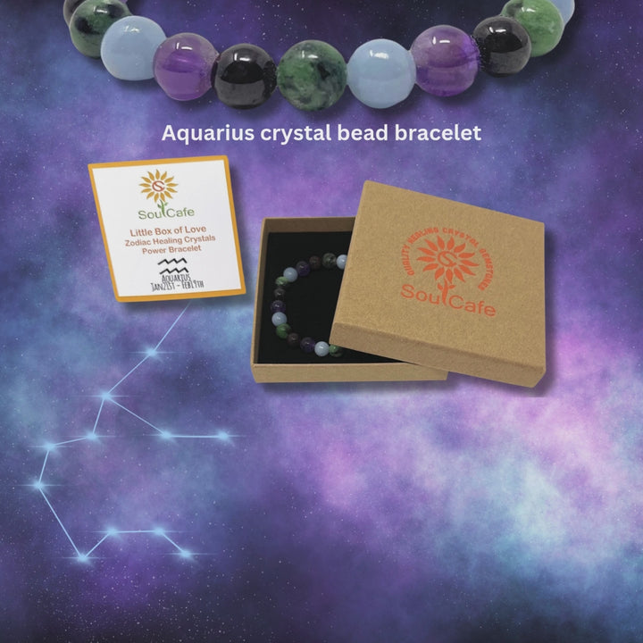 Aquarius Crystal Bracelet - Power Bracelet - Zodiac Birthstones - Gift Box & Aquarius Tag - Garnet, Angelite, Amethyst, Ruby in Zoisite