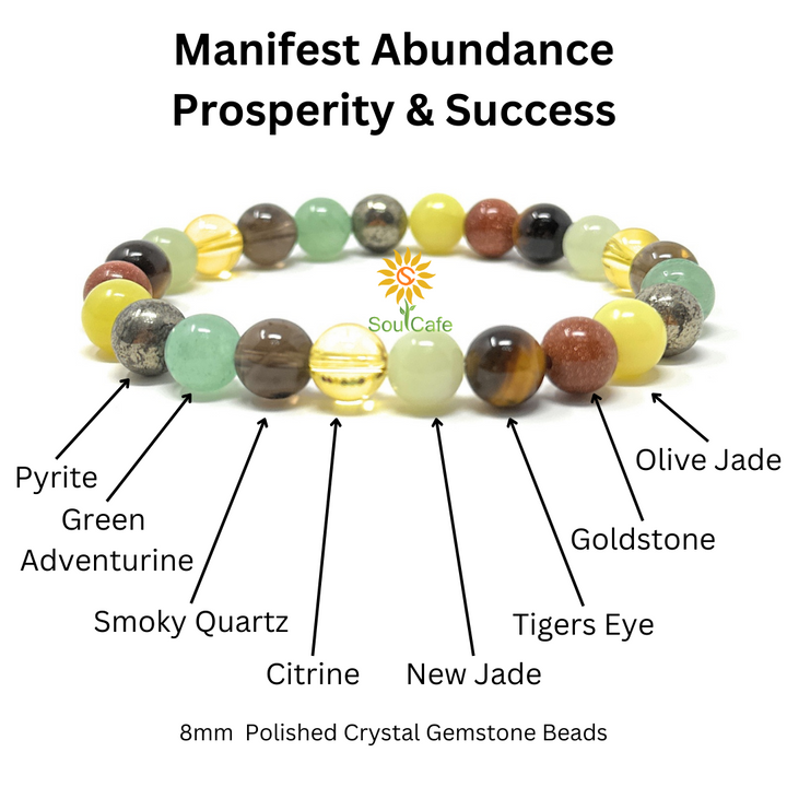 Manifesting Abundance Crystal Gemstone Stretch Bead Bracelet for Holistic Support - Prosperity Bracelet - Soul Cafe Gift Box & Tag