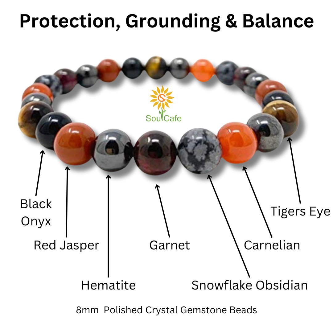 Protection Bracelet - Stretch Crystal Gemstone Bracelet - Soul Cafe Gift Box & Information Tag - Grounding Bracelet