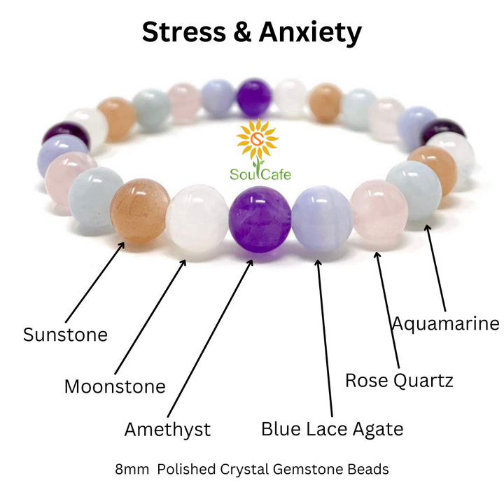 Stress and Anxiety Crystal Gemstone Stretch Bead Bracelet for Holistic Support - Soul Cafe Gift Box & Tag