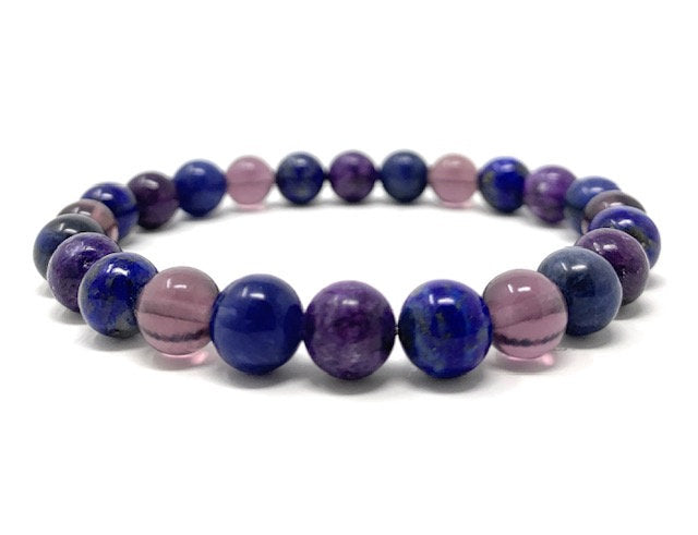 Third Eye Chakra Bracelet - Crystal Gemstone stretch Bead Bracelet - Lapis Lazuli, Lilac Lepidolite, Fluorite, Sodalite - Box & Tag